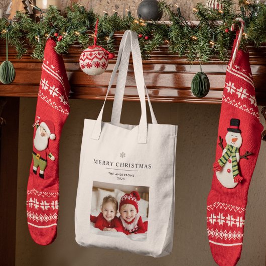 Gepersonaliseerde vrolijke kerst met foto en naam tote bag