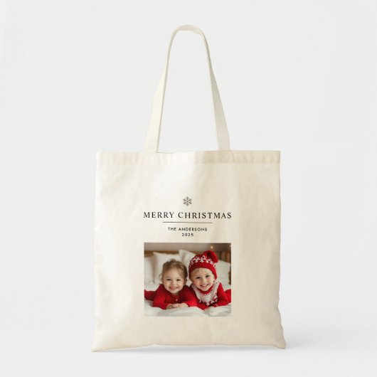 Gepersonaliseerde vrolijke kerst met foto en naam tote bag (Voorkant)
