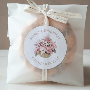 Gepersonaliseerde vrolijke kerst met roze poinsett ronde sticker