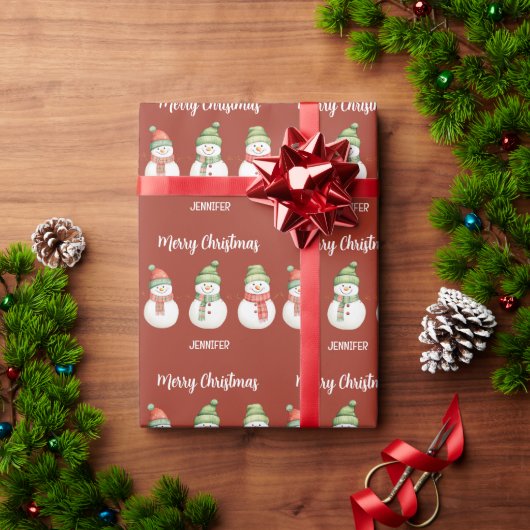 Gepersonaliseerde vrolijke kerst sneeuwpoppen cadeaupapier (Feestdagen Geschenken)