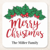 Gepersonaliseerde vrolijke kerstbladeren en bessen kartonnen onderzetters (Voorkant)