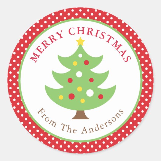 Gepersonaliseerde vrolijke kerstboom ronde Sticker (Voorkant)