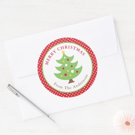 Gepersonaliseerde vrolijke kerstboom ronde Sticker (Envelop)