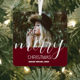 Gepersonaliseerde Vrolijke Kerstfoto Bourgondië Na Metalen Ornament