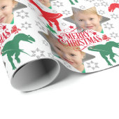 Gepersonaliseerde vrolijke kerstfoto T-Rex Cadeaupapier (Rol Hoek)