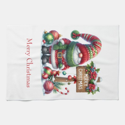 Gepersonaliseerde Vrolijke Kerstman Gnome Theedoek (Horizontaal)