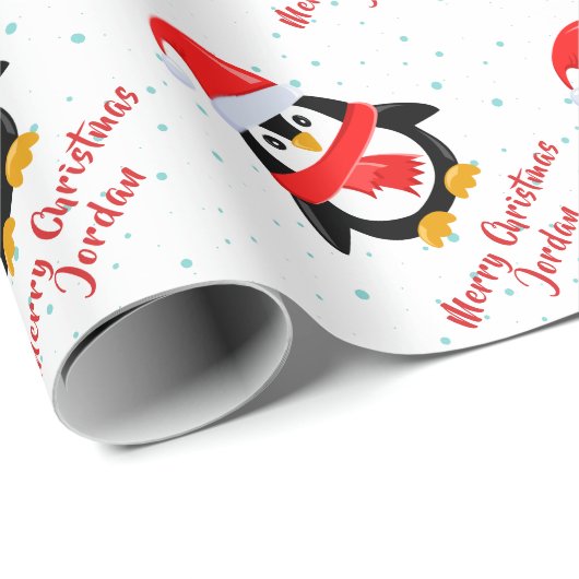 Gepersonaliseerde Vrolijke Kerstmis Pinguïn Santa  Cadeaupapier (Rol Hoek)