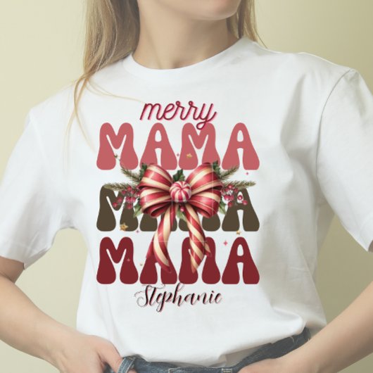 Gepersonaliseerde vrolijke mama retro kerstboog t-shirt