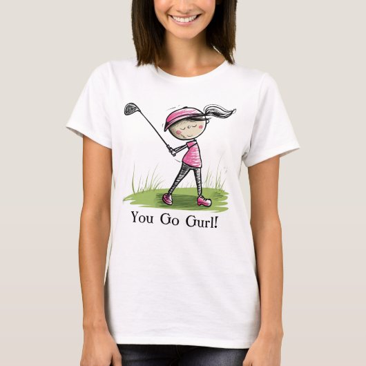 Gepersonaliseerde vrouwen golf T-shirt – Cartoon L (Voorkant)