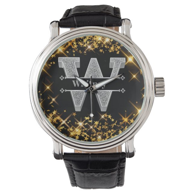 Gepersonaliseerde W Initiaal Silver Monogram Jouw  Horloge (Voorkant)