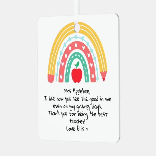 Gepersonaliseerde waardering voor leerkracht metalen ornament (Voorkant links)