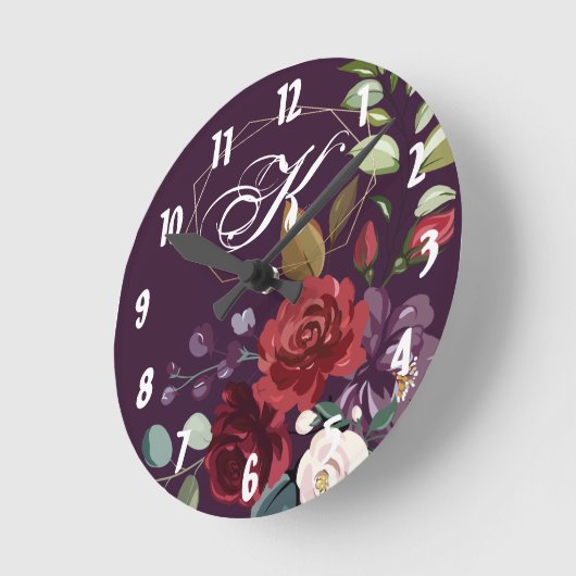 Gepersonaliseerde Wandklok Plum Paarse Rozen Gold  (Hoek)