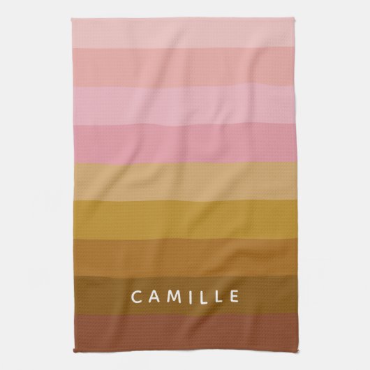 Gepersonaliseerde Warm Roze Terracotta Boho Stripe Theedoek (Verticaal)