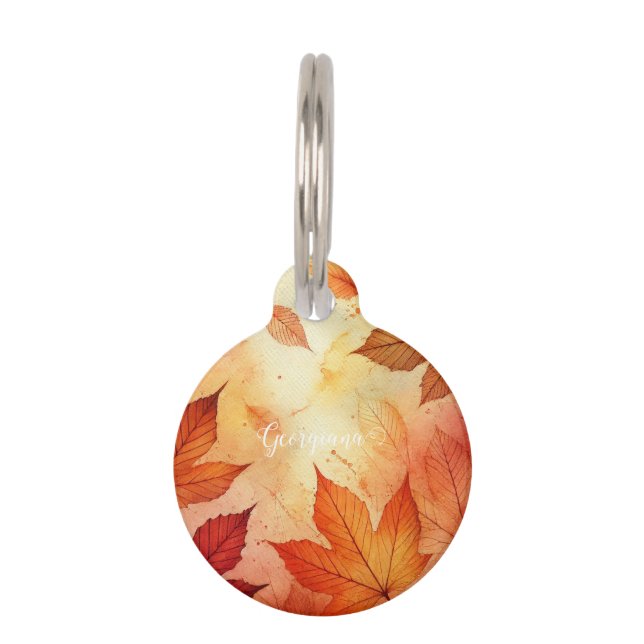 Gepersonaliseerde warme herfst Waterverf bladeren Huisdierpenning (Voorkant)