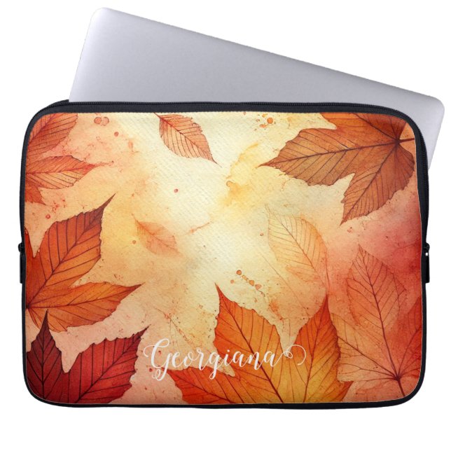 Gepersonaliseerde warme herfst Waterverf bladeren Laptop Sleeve (Voorkant)