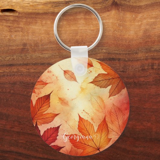 Gepersonaliseerde warme herfst Waterverf bladeren Sleutelhanger (Voorkant)