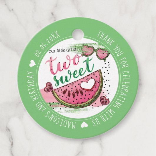 Gepersonaliseerde watermeloen 2e verjaardagsfeestj bedankjes labels (Voorkant)