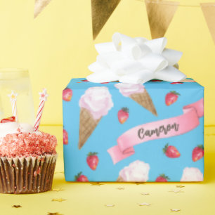 Gepersonaliseerde Waterverf Aardbei Ice Cream Cone Cadeaupapier