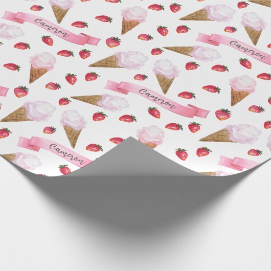 Gepersonaliseerde Waterverf Aardbei Ice Cream Cone Cadeaupapier (Hoek)