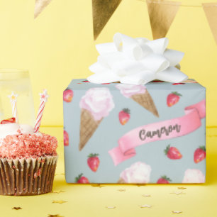 Gepersonaliseerde Waterverf Aardbei Ice Cream Cone Cadeaupapier