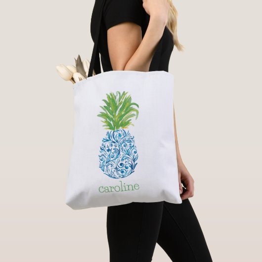 Gepersonaliseerde Waterverf Ananas Chinoiserie Tote Bag (Dichtbij)