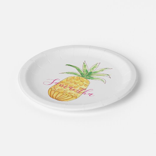 Gepersonaliseerde Waterverf ananas Geel Roze Papieren Bordje (Gekanteld)