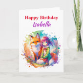 Gepersonaliseerde Waterverf Anime Girl Fox Verjaar Kaart (Voorkant)