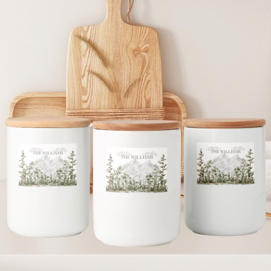 Gepersonaliseerde Waterverf Berg en Bos Voedselcontainer Etiket