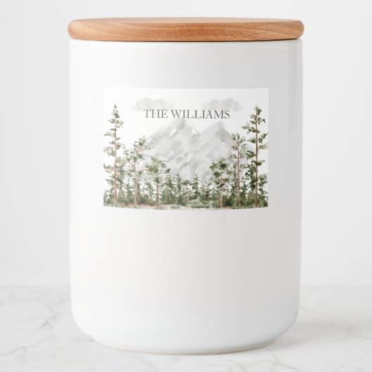 Gepersonaliseerde Waterverf Berg en Bos Voedselcontainer Etiket (Voorkant)