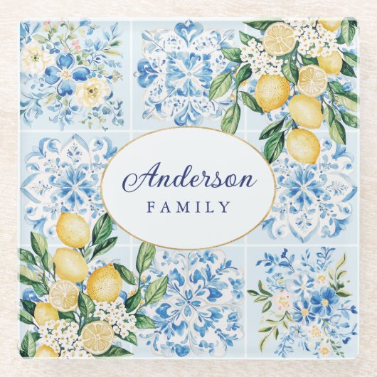 Gepersonaliseerde Waterverf Blauw Italiaans Tegel  Glazen Onderzetter (Voorkant)