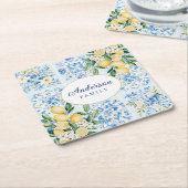 Gepersonaliseerde Waterverf Blauw Italiaans Tegel Kartonnen Onderzetters (Schuin)