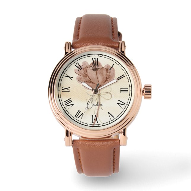 Gepersonaliseerde waterverf bloembruin en beige horloge (Voorkant)