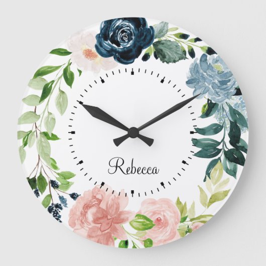 Gepersonaliseerde Waterverf Bloemen Krans Muurklok Grote Klok (Voorkant)