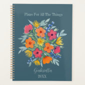 Gepersonaliseerde Waterverf bloemen op blauw Planner (Voorkant)