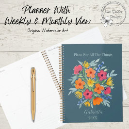 Gepersonaliseerde Waterverf bloemen op blauw Planner