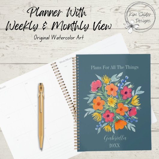 Gepersonaliseerde Waterverf bloemen op blauw Planner