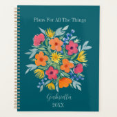 Gepersonaliseerde Waterverf Bloemen op Blauwgroen Planner (Voorkant)