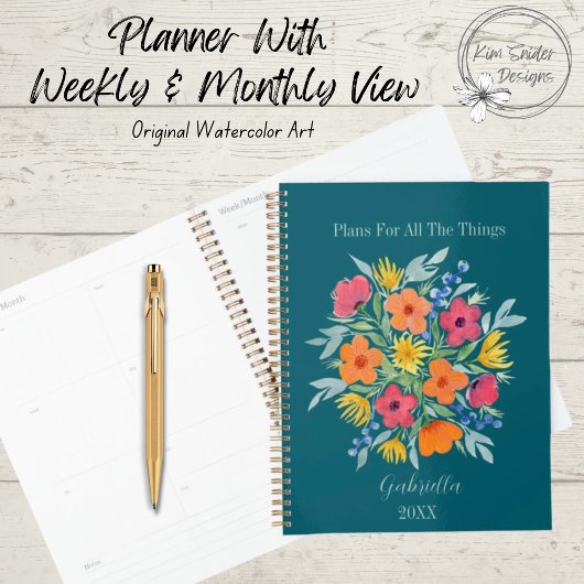 Gepersonaliseerde Waterverf Bloemen op Blauwgroen Planner