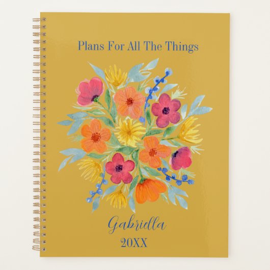 Gepersonaliseerde Waterverf Bloemen op geel Planner (Voorkant)
