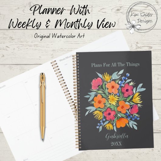 Gepersonaliseerde Waterverf Bloemen op Grijs Planner