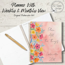 Gepersonaliseerde Waterverf bloemen op roze Planner