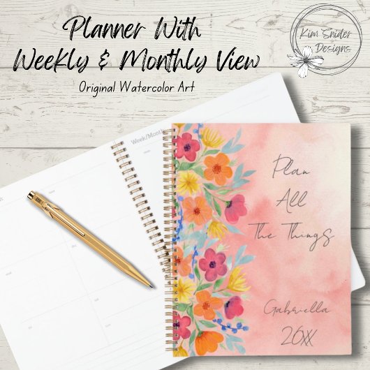Gepersonaliseerde Waterverf bloemen op roze Planner