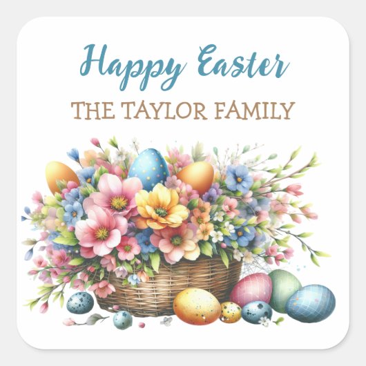Gepersonaliseerde Waterverf Bloemen Pasen Vierkante Sticker (Voorkant)