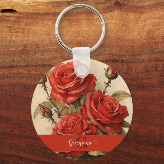 Gepersonaliseerde  Waterverf Bloemen Rode Rozen Sleutelhanger (Voorkant)