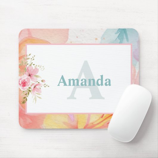 Gepersonaliseerde Waterverf Bloemnaam en Monogram Muismat (Met muis)
