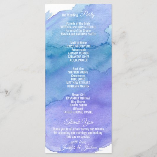 Gepersonaliseerde Waterverf Blue Wedding Programma Programmakaart (Achterkant)