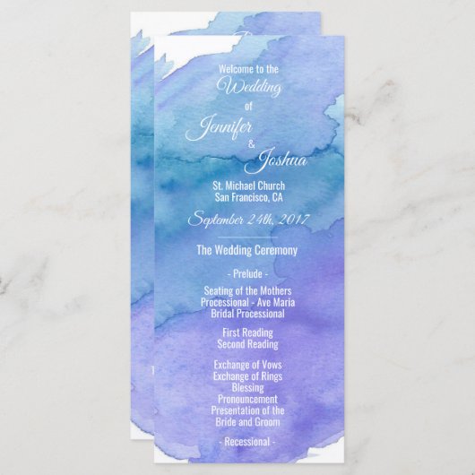 Gepersonaliseerde Waterverf Blue Wedding Programma Programmakaart (Voorkant / Achterkant)