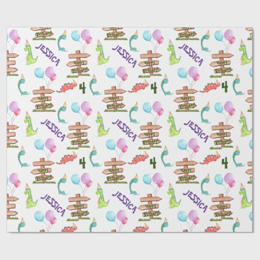 Gepersonaliseerde Waterverf Dinosaur Birthday Cadeaupapier (Vlak)