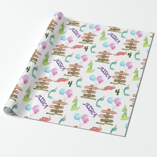 Gepersonaliseerde Waterverf Dinosaur Birthday Cadeaupapier (Uitgerold)