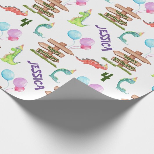Gepersonaliseerde Waterverf Dinosaur Birthday Cadeaupapier (Hoek)